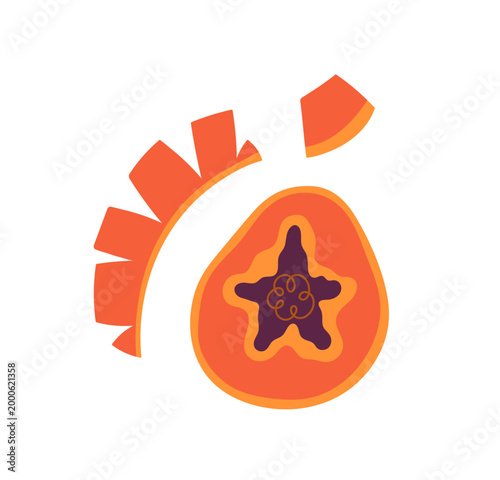 Cut half of fresh papaya with juicy pieces. Slices of sweet tropical fruit. Healthy exotic food. Natural and organic eating from garden. Flat isolated vector illustration on white background