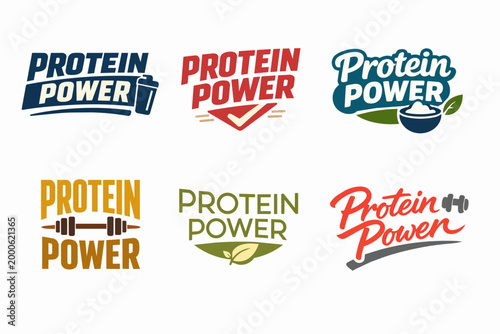 Protein power logo designs set for sports nutrition, fitness, workout supplements, and gym products branding