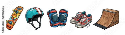 Skateboarding equipment and accessories, including a board, helmet, knee pads, shoes, and ramp, are vibrantly illustrated in a dynamic, hand-drawn style.