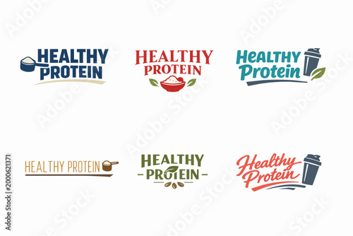 Healthy protein product branding concepts set. Designing logos for fitness supplements, organic nutrition, and workout diet programs