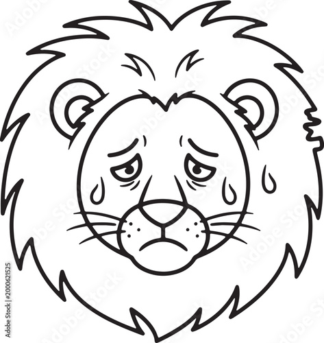 Sad lion face cartoon outline illustration.