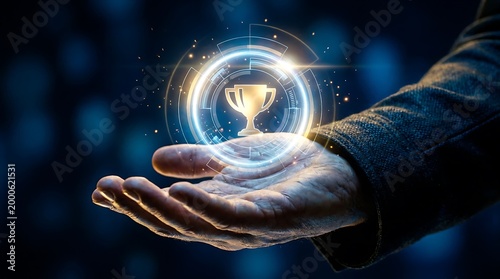 Hand holding glowing trophy award with digital circle and sparks light.