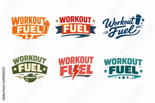 Workout fuel logos collection for fitness and nutrition branding, featuring shaker bottles, bowls, and lightning bolts