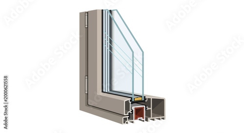 Modern Triple Glazed Window Profile Cross-Section, Energy Efficient PVC Frame with Thermal Insulation Layers, 3D Illustration for Construction and Home Improvement