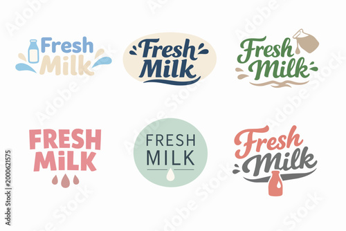 Fresh milk labels or emblems design collection for dairy products packaging, featuring typography, splashes, and bottles