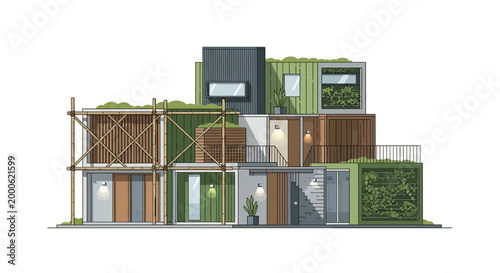Modern Sustainable Modular Container Home Illustration with Green Roof and Vertical Garden