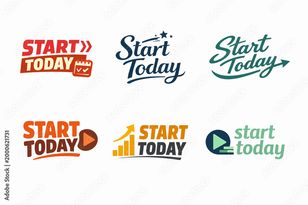 Naklejka premium Start today concept, six lettering designs encouraging motivation, progress, and immediate action on a white background