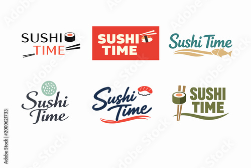 Sushi time logo collection presenting diverse branding concepts for japanese restaurant or food service businesses