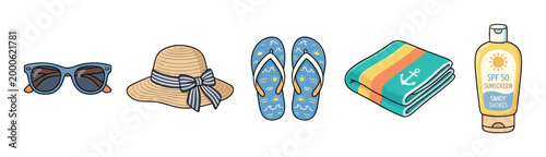Collection of essential summer beach accessories including sunglasses, a straw hat, flip-flops, a towel, and sunscreen, ready for a sunny vacation.