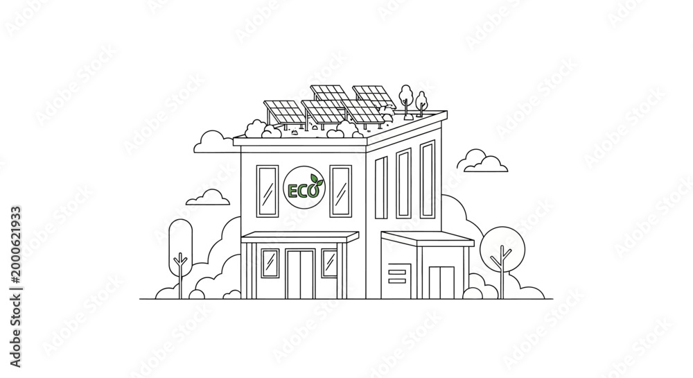 Obraz premium Minimalist Line Art Illustration of an Eco-Friendly Sustainable Building with Solar Panels, Green Roof, and Renewable Energy Concept.
