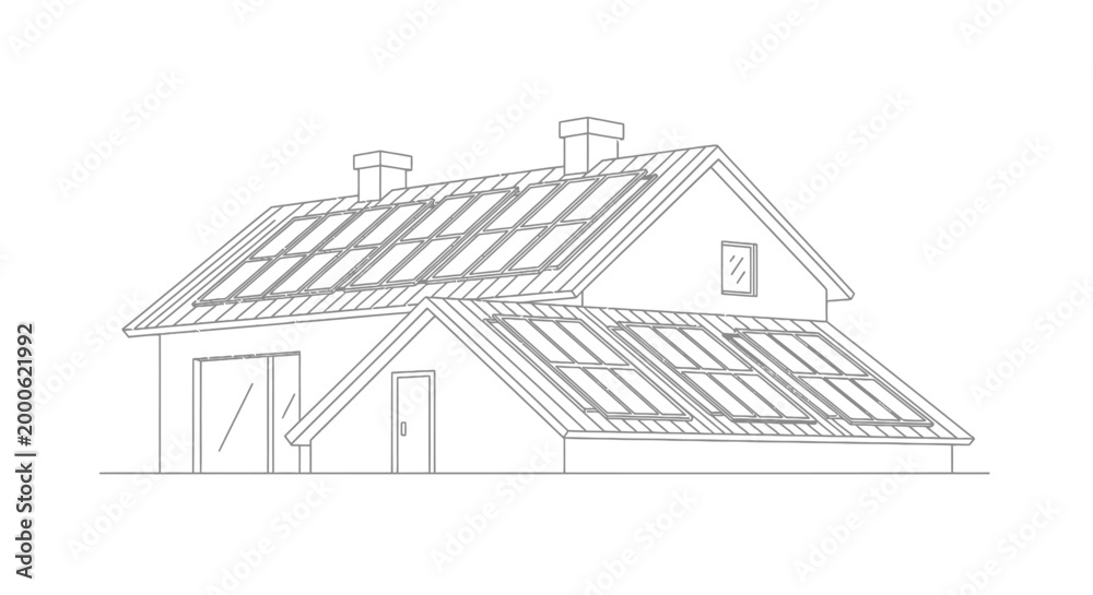 Fototapeta premium Modern House with Solar Panels Line Art Illustration - Sustainable Renewable Energy Home Concept