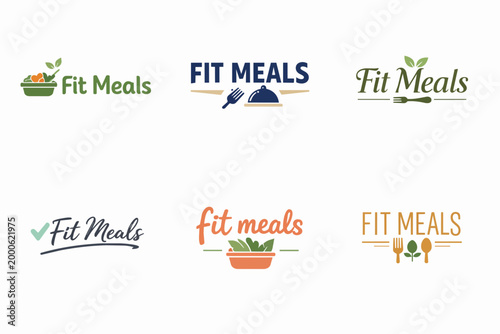 Collection of fit meals logo variations combining text with food bowls, leaves, cloches, and cutlery for healthy eating brands