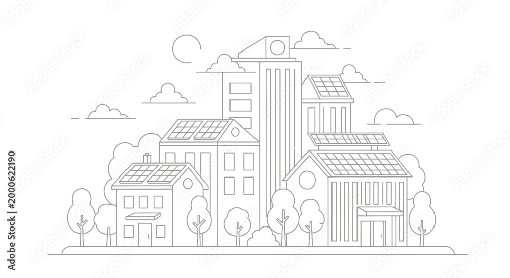 Naklejka premium Sustainable City Landscape Line Art Illustration with Solar Panels on Rooftops, Green Energy and Eco-Friendly Urban Planning Concept