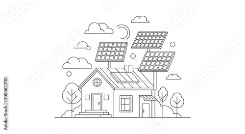Minimalist Line Art Illustration of an Eco-Friendly House with Solar Panels for Sustainable Energy Concept