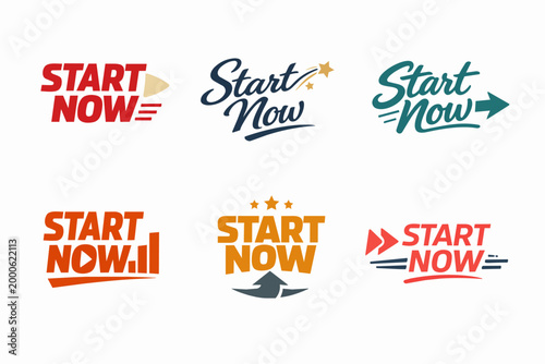 Start now message banners and promotional labels for business motivation, progress, and goal achievement