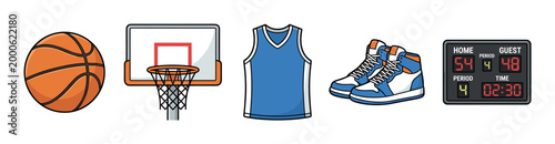 Basketball equipment items including a ball, hoop, jersey, shoes, and scoreboard are neatly arranged, representing the essential elements of the sport.