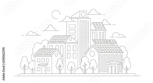 Sustainable City Landscape Line Art Illustration with Solar Panels on Rooftops, Green Energy and Eco-Friendly Urban Planning Concept
