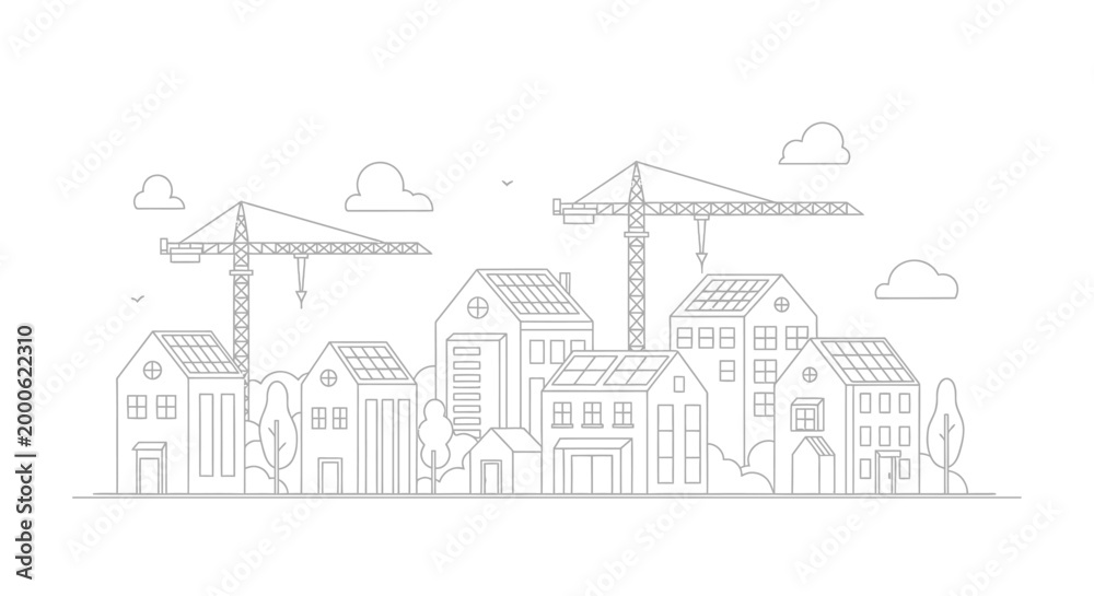 Obraz premium Modern Sustainable City Construction Illustration: Minimalist Line Art of Eco-Friendly Neighborhood with Solar Panels, Tower Cranes, and Renewable Energy Architecture