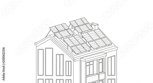 Modern Residential House with Solar Panels on Roof Architectural Line Art Illustration, Sustainable Energy and Eco-Friendly Building Concept Sketch