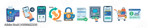 Digital financial transactions and online banking services are illustrated through various modern icons representing secure payments, money management, and e-commerce.
