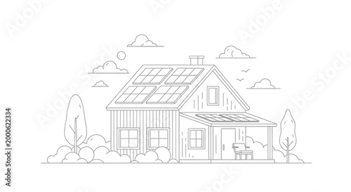Modern Eco-Friendly House with Solar Panels Line Art Illustration for Sustainable Living Concepts