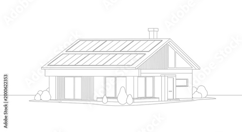 Modern Eco-Friendly House Outline with Solar Panels; Sustainable Architecture Line Art for Green Energy and Renewable Living Concepts