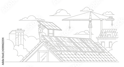 Solar Panel Installation on House Roof Coloring Page - Professional Technician Installing Renewable Energy System Line Art for Sustainable Living Concepts