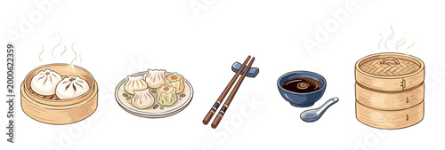 Delicious traditional dim sum dishes and accessories are neatly arranged in a charming hand-drawn illustration, perfect for culinary themes.
