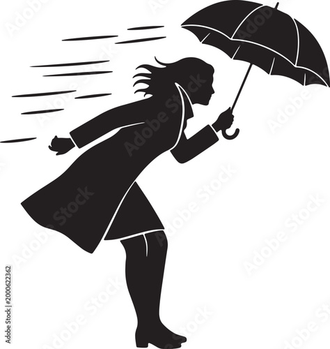 Silhouette of woman in trench coat holding umbrella against strong wind, transparent background.