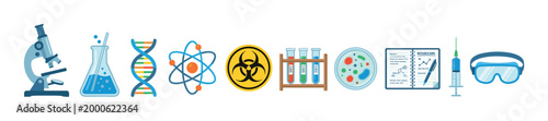 Scientific laboratory research equipment and tools collection featuring various instruments and symbols essential for biology, chemistry, and medical studies.