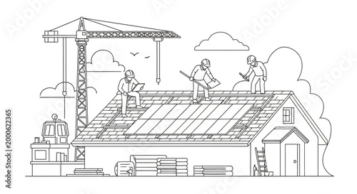 Construction Workers Installing Solar Panels on a House Roof Line Art Illustration for Coloring Book and Educational Material