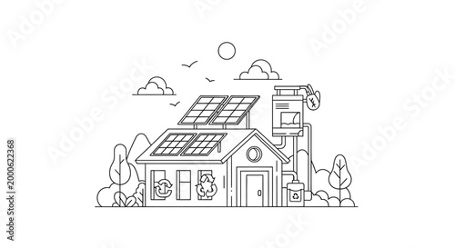 Eco-Friendly Sustainable House Line Art Illustration with Solar Panels and Recycling Systems