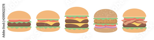 Delicious classic hamburgers and gourmet burgers with various toppings showcasing a diverse range of popular fast food options in a flat, minimalist vector illustration style.