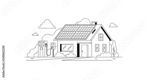 Eco-Friendly Modern House with Solar Panels and EV Charging Station Minimalist Line Art Illustration