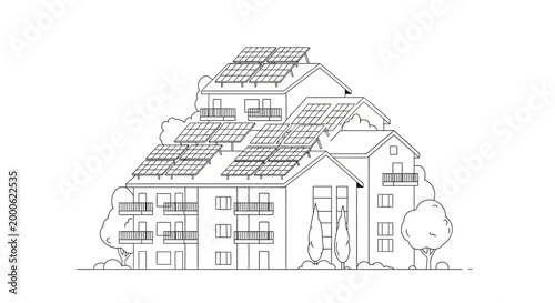 Sustainable Residential Building Illustration with Solar Panels - Minimalist Line Art of Eco-Friendly Apartment Complex for Green Living and Renewable Energy Concepts