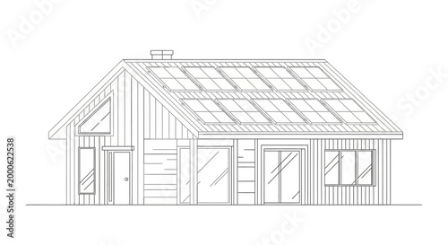 Modern Eco-Friendly House with Solar Panels on Roof Line Art Illustration, Sustainable Architecture and Green Energy Concept for Coloring Book