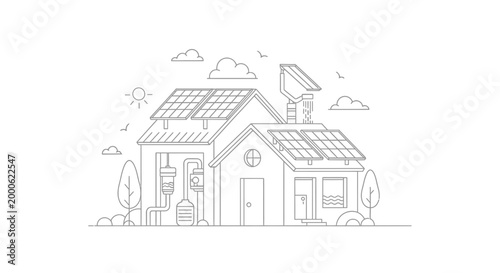Eco-Friendly House Line Art Illustration with Solar Panels and Sustainable Energy Systems for Green Living Concepts
