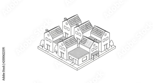 Isometric Line Art Illustration of a Sustainable Neighborhood with Solar Panels on Rooftops for Green Energy Concept