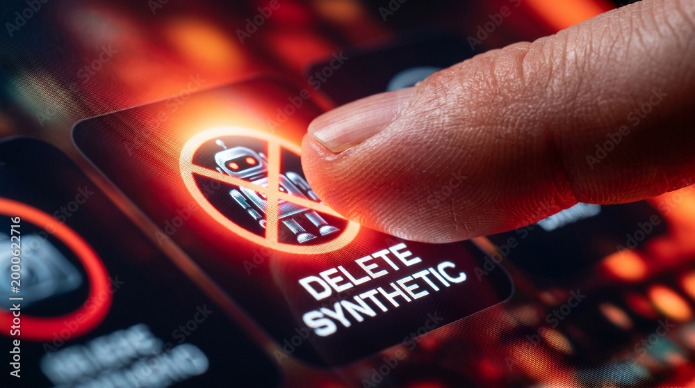 Obraz premium Anti ai content delete synthetic warning on digital screen with finger touch