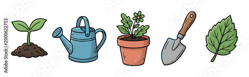 Gardening tools plants and accessories doodle illustration set depicting various items for planting, growing, and nurturing nature in a charming, hand-drawn style.