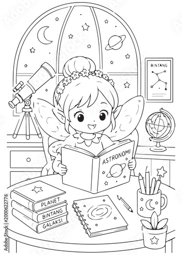 coloring book page fairy reading about planets beside a globe and telescope in a moonlit study room