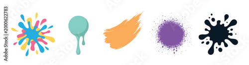 Abstract paint splatters and strokes collection featuring diverse artistic liquid forms, textures, and expressive graphic elements for creative designs.