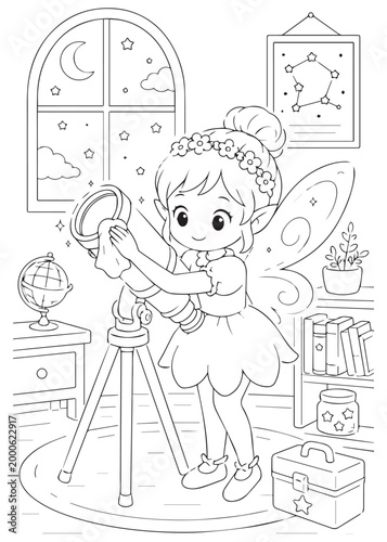 coloring book page fairy exploring the stars through a telescope near a bright window
