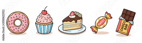 Delicious sweet desserts and candies are arranged in a delightful collection, showcasing a variety of sugary treats perfect for any celebration or indulgence.