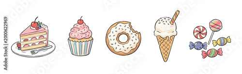 Sweet desserts and candies in a delightful hand-drawn illustration featuring a cake, cupcake, donut, ice cream, and various colorful confectionery.