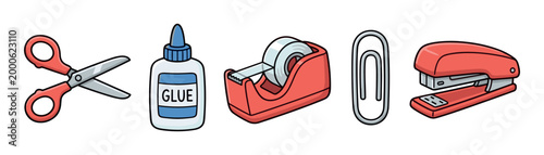 Scissors glue tape dispenser paper clip stapler are essential school and office supplies for various creative and organizational tasks.