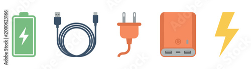 Charging accessories and power devices are depicted as a collection of colorful flat icons representing modern technology and energy solutions.