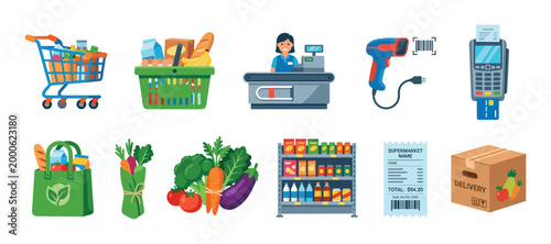 Supermarket shopping grocery store elements collection illustrating the complete retail process from selecting fresh produce and packaged goods to checkout and home delivery.