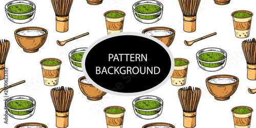 Handran popular matcha latte pattern background. Minimalist matcha leaf collection