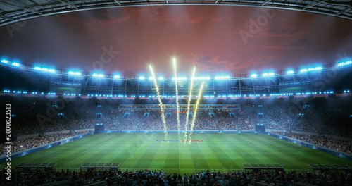 Professional Stadium With Football Game Championship Opening Ceremony. Soccer Teams Line up at Midfield While Fireworks Bloom Above Packed Stands and Bright Floodlights Heighten the Pre Match Exciteme